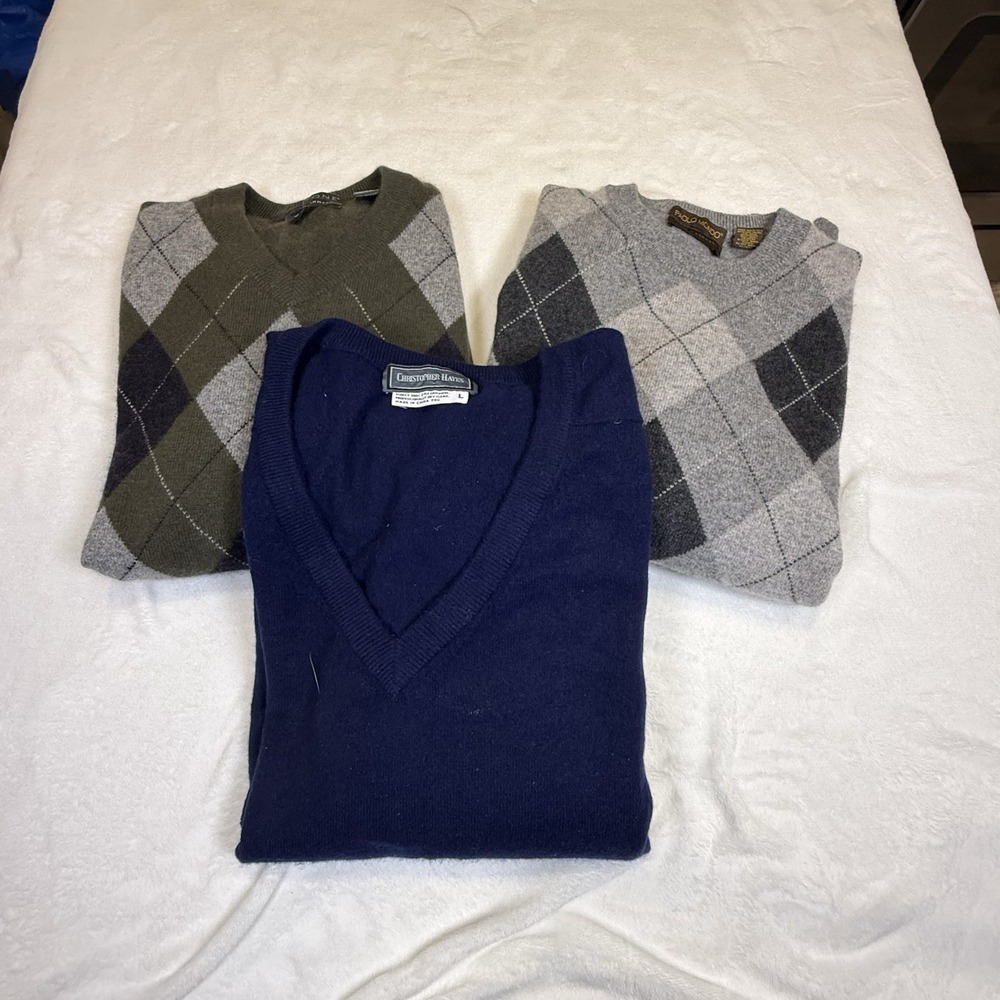 3 Mens 100% Cashmere Sweaters Size L Argyle V Neck Giasone Paolo Mondo Hayes